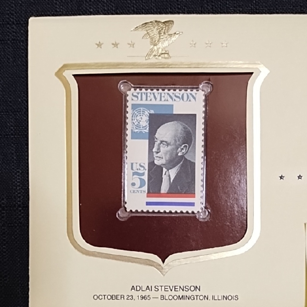 Vintage Adlai Stevenson Commemorative Stamp Display "Historic Stamps of America"